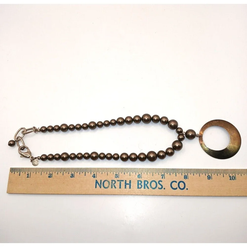 Emily Ray Bronze Tone Beaded Pendant Necklace Antique Gold Tone Signed 17 inches